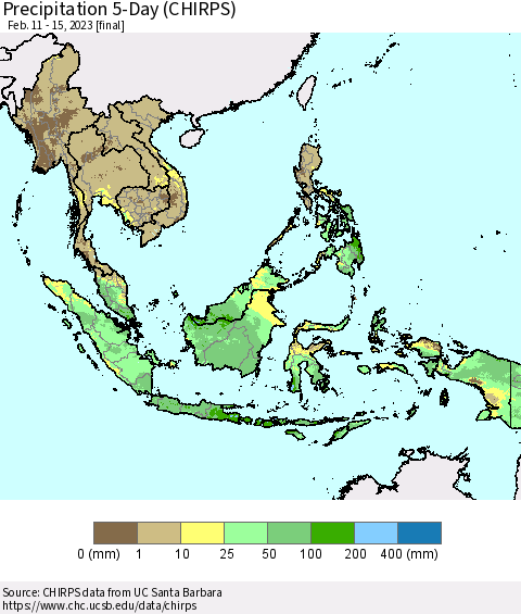 South East Asia Precipitation 5-Day (CHIRPS) Thematic Map For 2/11/2023 - 2/15/2023