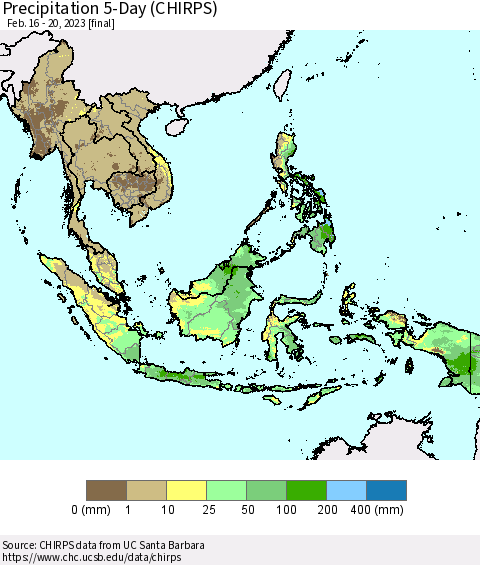 South East Asia Precipitation 5-Day (CHIRPS) Thematic Map For 2/16/2023 - 2/20/2023