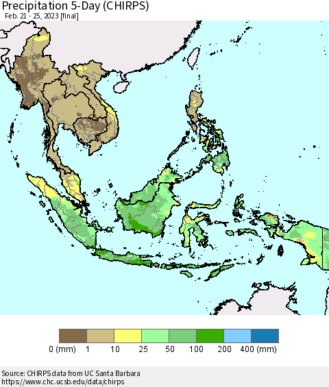 South East Asia Precipitation 5-Day (CHIRPS) Thematic Map For 2/21/2023 - 2/25/2023