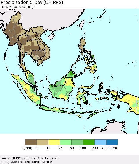 South East Asia Precipitation 5-Day (CHIRPS) Thematic Map For 2/26/2023 - 2/28/2023