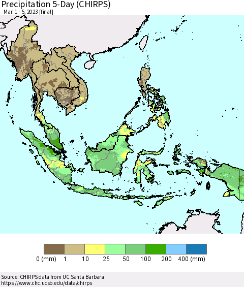South East Asia Precipitation 5-Day (CHIRPS) Thematic Map For 3/1/2023 - 3/5/2023