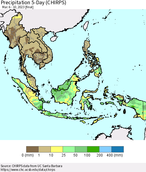 South East Asia Precipitation 5-Day (CHIRPS) Thematic Map For 3/6/2023 - 3/10/2023