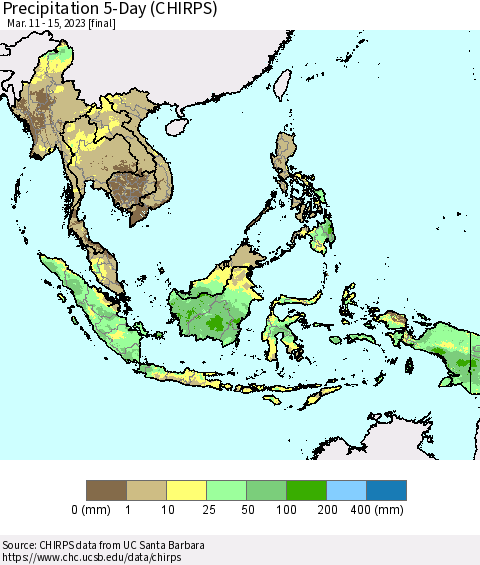South East Asia Precipitation 5-Day (CHIRPS) Thematic Map For 3/11/2023 - 3/15/2023