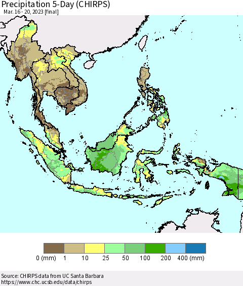 South East Asia Precipitation 5-Day (CHIRPS) Thematic Map For 3/16/2023 - 3/20/2023