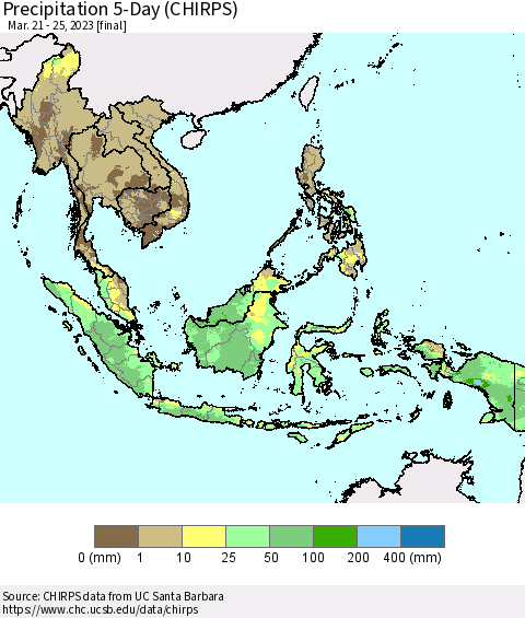 South East Asia Precipitation 5-Day (CHIRPS) Thematic Map For 3/21/2023 - 3/25/2023