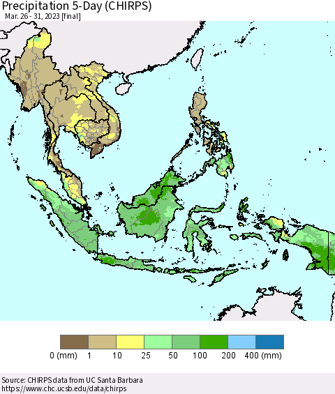 South East Asia Precipitation 5-Day (CHIRPS) Thematic Map For 3/26/2023 - 3/31/2023