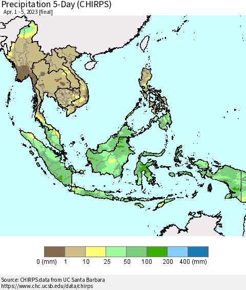 South East Asia Precipitation 5-Day (CHIRPS) Thematic Map For 4/1/2023 - 4/5/2023