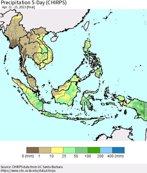 South East Asia Precipitation 5-Day (CHIRPS) Thematic Map For 4/11/2023 - 4/15/2023