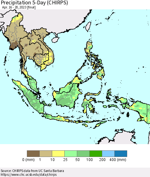 South East Asia Precipitation 5-Day (CHIRPS) Thematic Map For 4/16/2023 - 4/20/2023