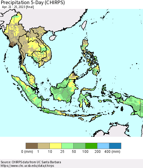 South East Asia Precipitation 5-Day (CHIRPS) Thematic Map For 4/21/2023 - 4/25/2023