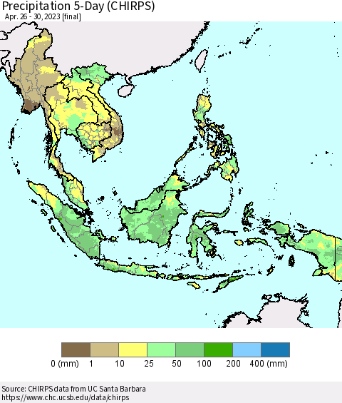 South East Asia Precipitation 5-Day (CHIRPS) Thematic Map For 4/26/2023 - 4/30/2023