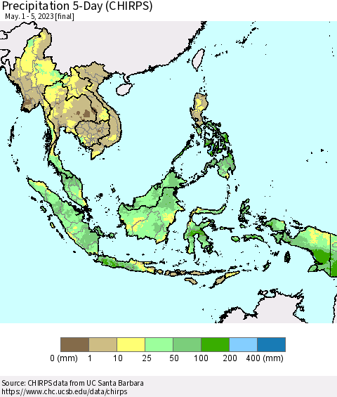 South East Asia Precipitation 5-Day (CHIRPS) Thematic Map For 5/1/2023 - 5/5/2023