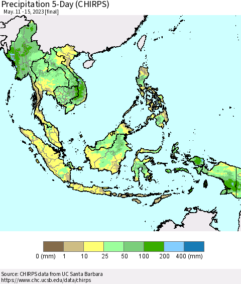South East Asia Precipitation 5-Day (CHIRPS) Thematic Map For 5/11/2023 - 5/15/2023