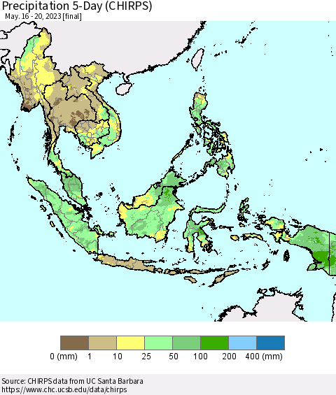 South East Asia Precipitation 5-Day (CHIRPS) Thematic Map For 5/16/2023 - 5/20/2023