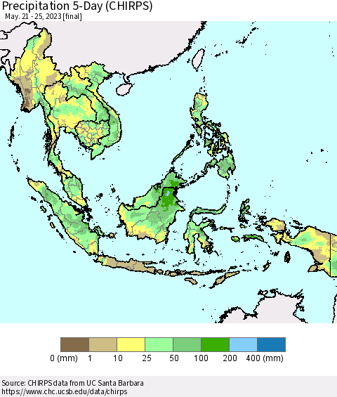 South East Asia Precipitation 5-Day (CHIRPS) Thematic Map For 5/21/2023 - 5/25/2023