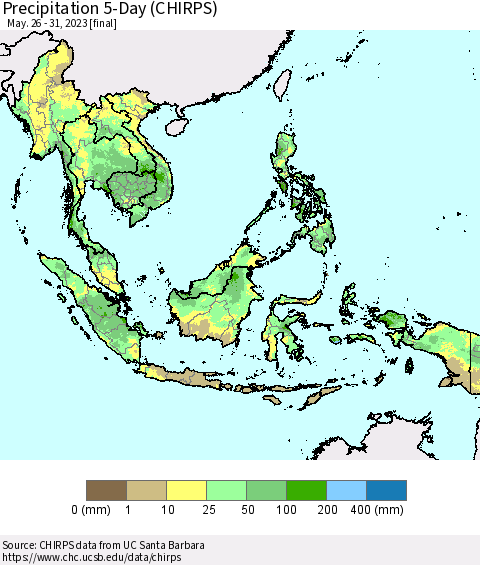 South East Asia Precipitation 5-Day (CHIRPS) Thematic Map For 5/26/2023 - 5/31/2023