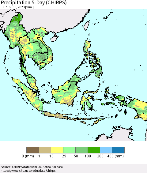 South East Asia Precipitation 5-Day (CHIRPS) Thematic Map For 6/6/2023 - 6/10/2023