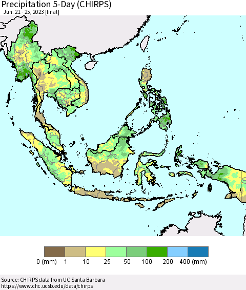 South East Asia Precipitation 5-Day (CHIRPS) Thematic Map For 6/21/2023 - 6/25/2023