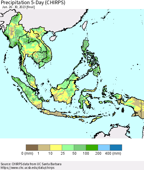South East Asia Precipitation 5-Day (CHIRPS) Thematic Map For 6/26/2023 - 6/30/2023