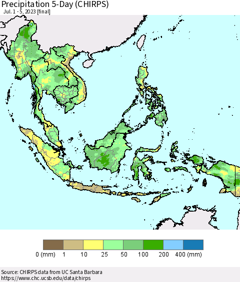 South East Asia Precipitation 5-Day (CHIRPS) Thematic Map For 7/1/2023 - 7/5/2023