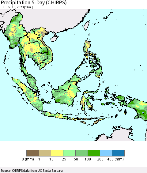 South East Asia Precipitation 5-Day (CHIRPS) Thematic Map For 7/6/2023 - 7/10/2023