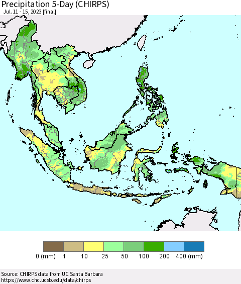 South East Asia Precipitation 5-Day (CHIRPS) Thematic Map For 7/11/2023 - 7/15/2023