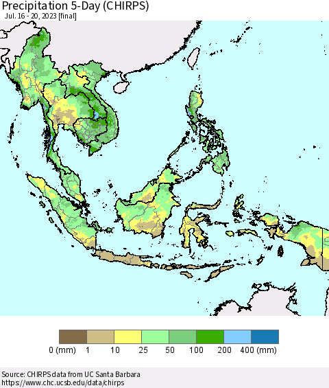 South East Asia Precipitation 5-Day (CHIRPS) Thematic Map For 7/16/2023 - 7/20/2023