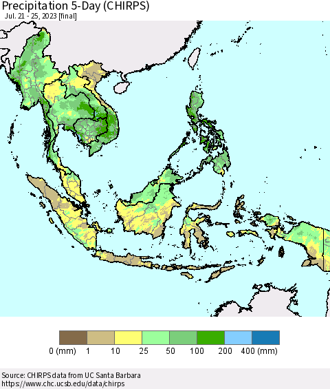 South East Asia Precipitation 5-Day (CHIRPS) Thematic Map For 7/21/2023 - 7/25/2023