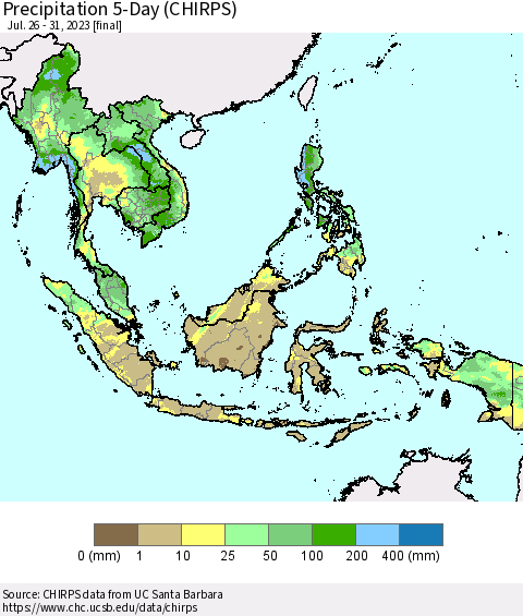 South East Asia Precipitation 5-Day (CHIRPS) Thematic Map For 7/26/2023 - 7/31/2023