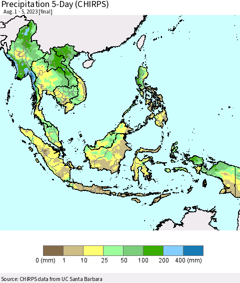 South East Asia Precipitation 5-Day (CHIRPS) Thematic Map For 8/1/2023 - 8/5/2023