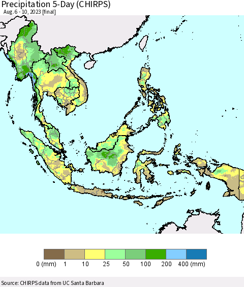 South East Asia Precipitation 5-Day (CHIRPS) Thematic Map For 8/6/2023 - 8/10/2023