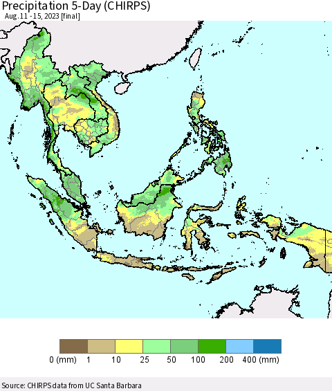 South East Asia Precipitation 5-Day (CHIRPS) Thematic Map For 8/11/2023 - 8/15/2023