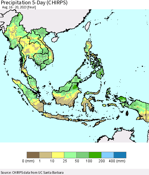 South East Asia Precipitation 5-Day (CHIRPS) Thematic Map For 8/16/2023 - 8/20/2023