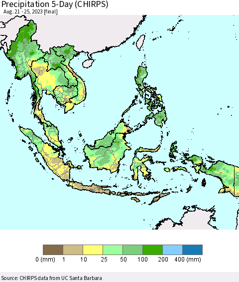 South East Asia Precipitation 5-Day (CHIRPS) Thematic Map For 8/21/2023 - 8/25/2023