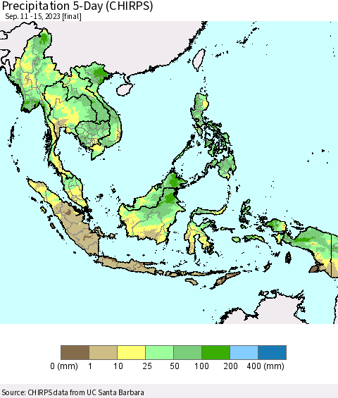 South East Asia Precipitation 5-Day (CHIRPS) Thematic Map For 9/11/2023 - 9/15/2023