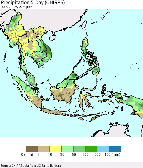 South East Asia Precipitation 5-Day (CHIRPS) Thematic Map For 9/21/2023 - 9/25/2023