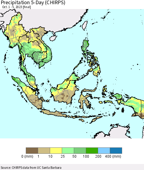 South East Asia Precipitation 5-Day (CHIRPS) Thematic Map For 10/1/2023 - 10/5/2023