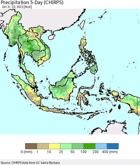 South East Asia Precipitation 5-Day (CHIRPS) Thematic Map For 10/6/2023 - 10/10/2023
