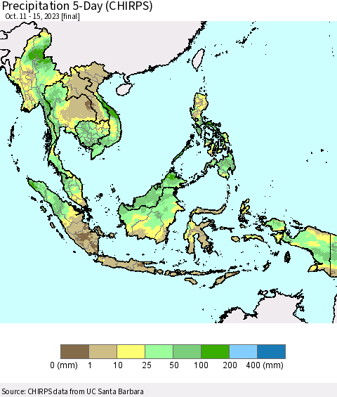 South East Asia Precipitation 5-Day (CHIRPS) Thematic Map For 10/11/2023 - 10/15/2023