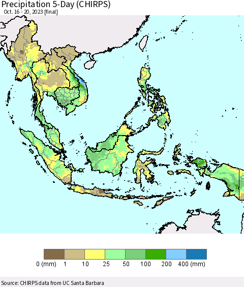 South East Asia Precipitation 5-Day (CHIRPS) Thematic Map For 10/16/2023 - 10/20/2023
