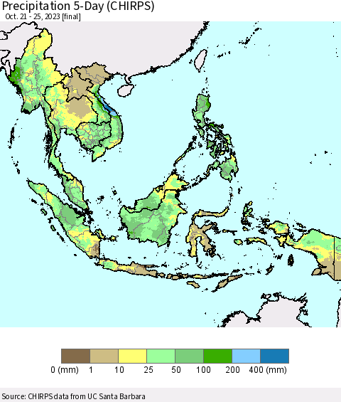 South East Asia Precipitation 5-Day (CHIRPS) Thematic Map For 10/21/2023 - 10/25/2023