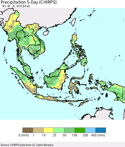 South East Asia Precipitation 5-Day (CHIRPS) Thematic Map For 10/26/2023 - 10/31/2023
