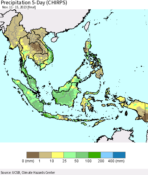 South East Asia Precipitation 5-Day (CHIRPS) Thematic Map For 11/11/2023 - 11/15/2023
