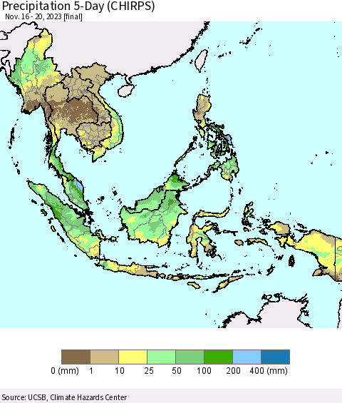 South East Asia Precipitation 5-Day (CHIRPS) Thematic Map For 11/16/2023 - 11/20/2023