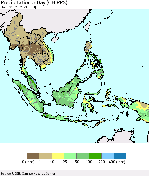 South East Asia Precipitation 5-Day (CHIRPS) Thematic Map For 11/21/2023 - 11/25/2023