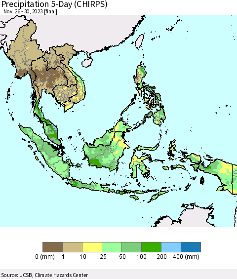 South East Asia Precipitation 5-Day (CHIRPS) Thematic Map For 11/26/2023 - 11/30/2023