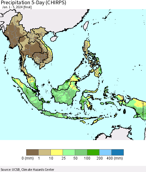 South East Asia Precipitation 5-Day (CHIRPS) Thematic Map For 1/1/2024 - 1/5/2024