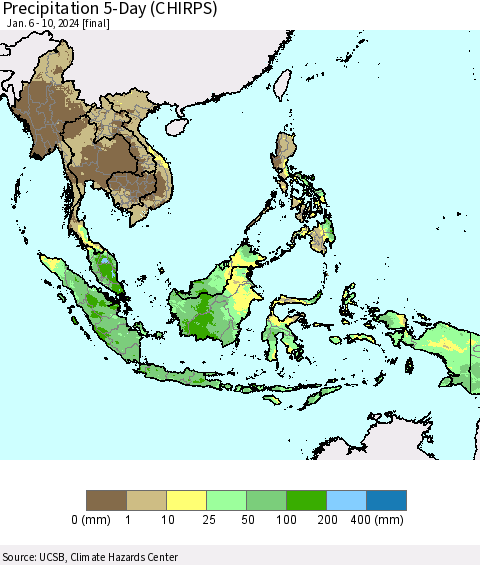 South East Asia Precipitation 5-Day (CHIRPS) Thematic Map For 1/6/2024 - 1/10/2024