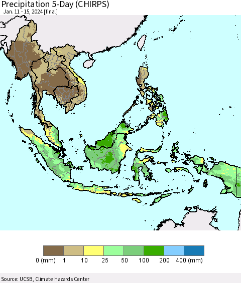 South East Asia Precipitation 5-Day (CHIRPS) Thematic Map For 1/11/2024 - 1/15/2024