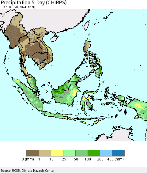 South East Asia Precipitation 5-Day (CHIRPS) Thematic Map For 1/16/2024 - 1/20/2024